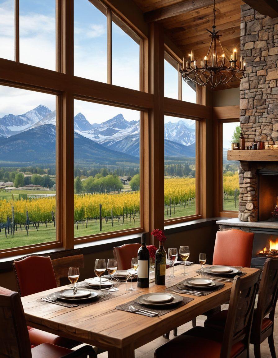 A cozy mountain lodge with a stunning view of the Rockies, featuring an elegantly set table with fine wine glasses, a vineyard in the background, and a warm, inviting fireplace. Soft light filtering through large windows reflects a luxurious atmosphere, with accents of rustic wooden elements and lush greenery. Capture the essence of wine culture and luxury living in this picturesque scene. super-realistic. vibrant colors. 3D.