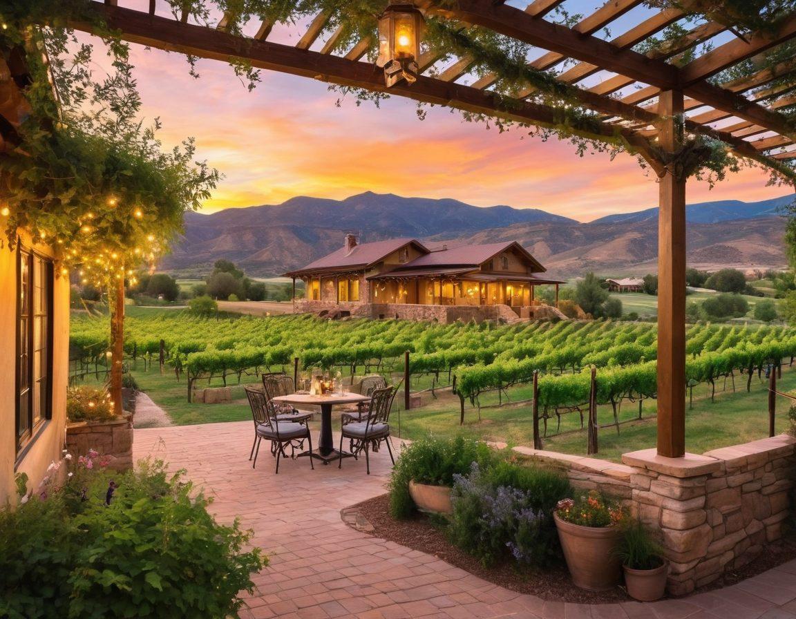 A serene Colorado countryside scene featuring a charming vineyard with tasting rooms and cozy cottages scattered in the background. Guests are seen enjoying a wine tasting under a rustic pergola adorned with fairy lights, surrounded by lush grapevines and rolling hills. The warm sunset casts a golden hue over the scene, inviting relaxation and tranquility. Artistic elements include soft brush strokes and a blend of vibrant colors reflecting the beauty of nature. painting. vibrant colors.