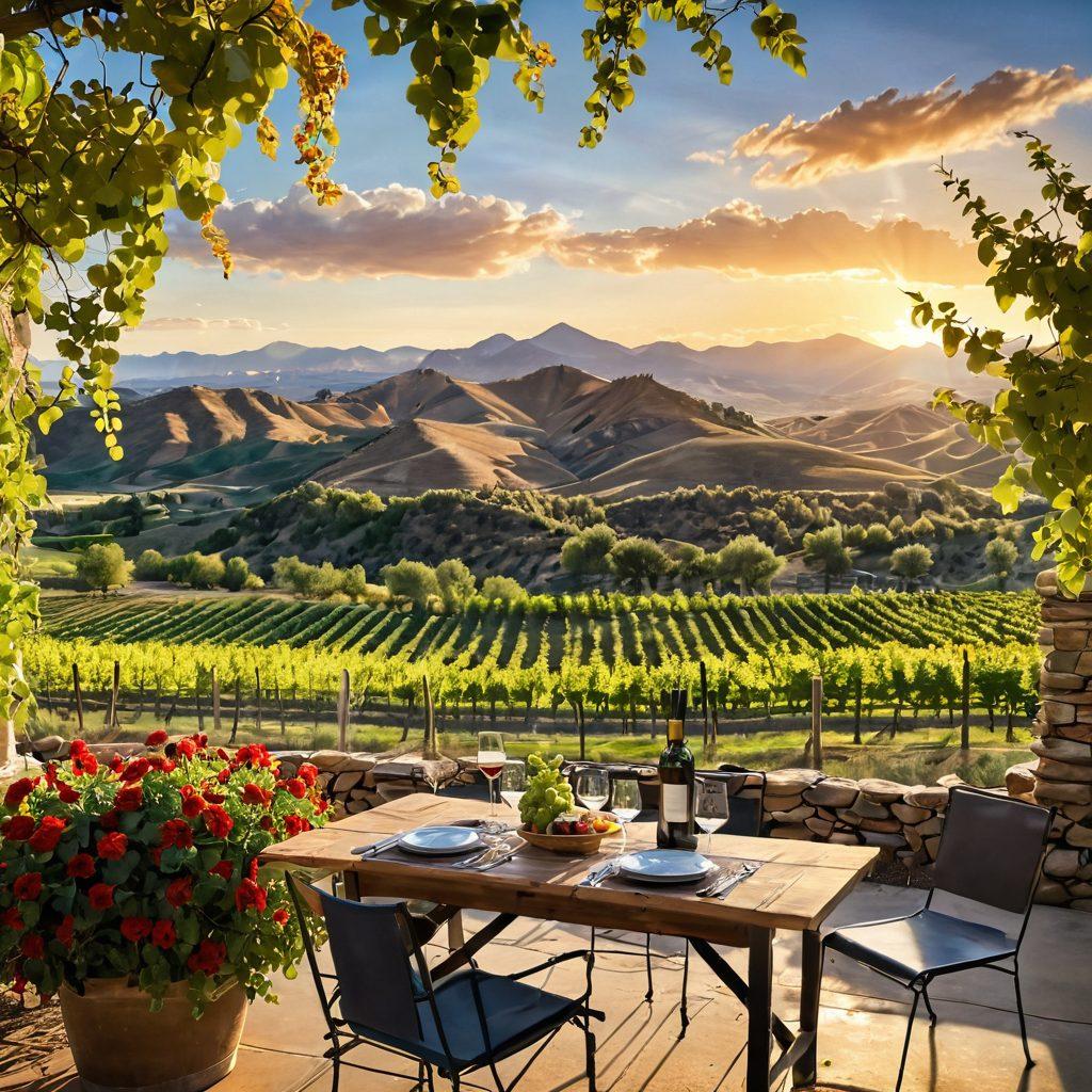 A picturesque scene showcasing a sprawling vineyard in Colorado with rolling hills, vibrant grapevines ripe for harvest. In the foreground, a luxurious outdoor rental with a beautiful patio set and a glass of red wine resting on the table, overlooking the vineyard. Sunlight filters through the leaves, creating a warm and inviting atmosphere that embodies relaxation and indulgence. Elements of nature, such as wildflowers and distant mountains, enhance the serenity. super-realistic. vibrant colors. sunset lighting.